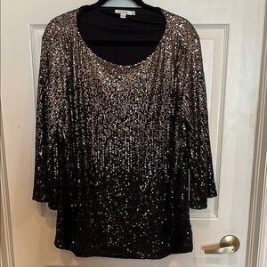 % NWT Chico's (Sz 4=XXL) Gold Sequin 3/4 Sleeve Blouse